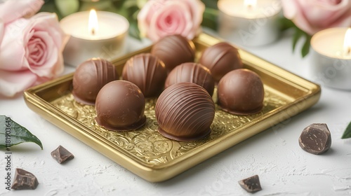 Chocolate embodies delicate luxury. Assorted chocolate truffles on a decorative plate with candles.