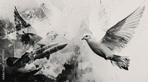 A dove and missile symbolize peace overcoming conflict. photo