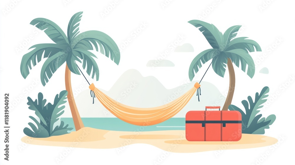 Obraz premium Tropical beach scene with hammock and suitcase.