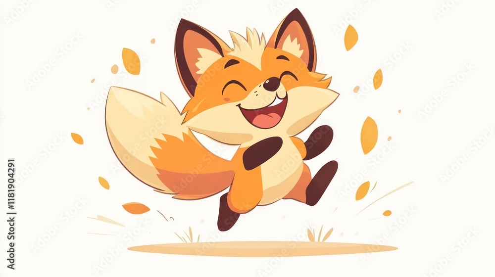 Fototapeta premium Joyful cartoon fox leaping, autumn leaves.