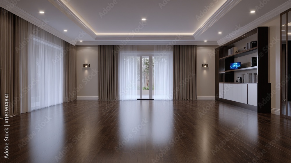 Fototapeta premium Newly painted walls light up the spacious living room featuring dark wood floors and stylish LED lighting, creating an inviting atmosphere
