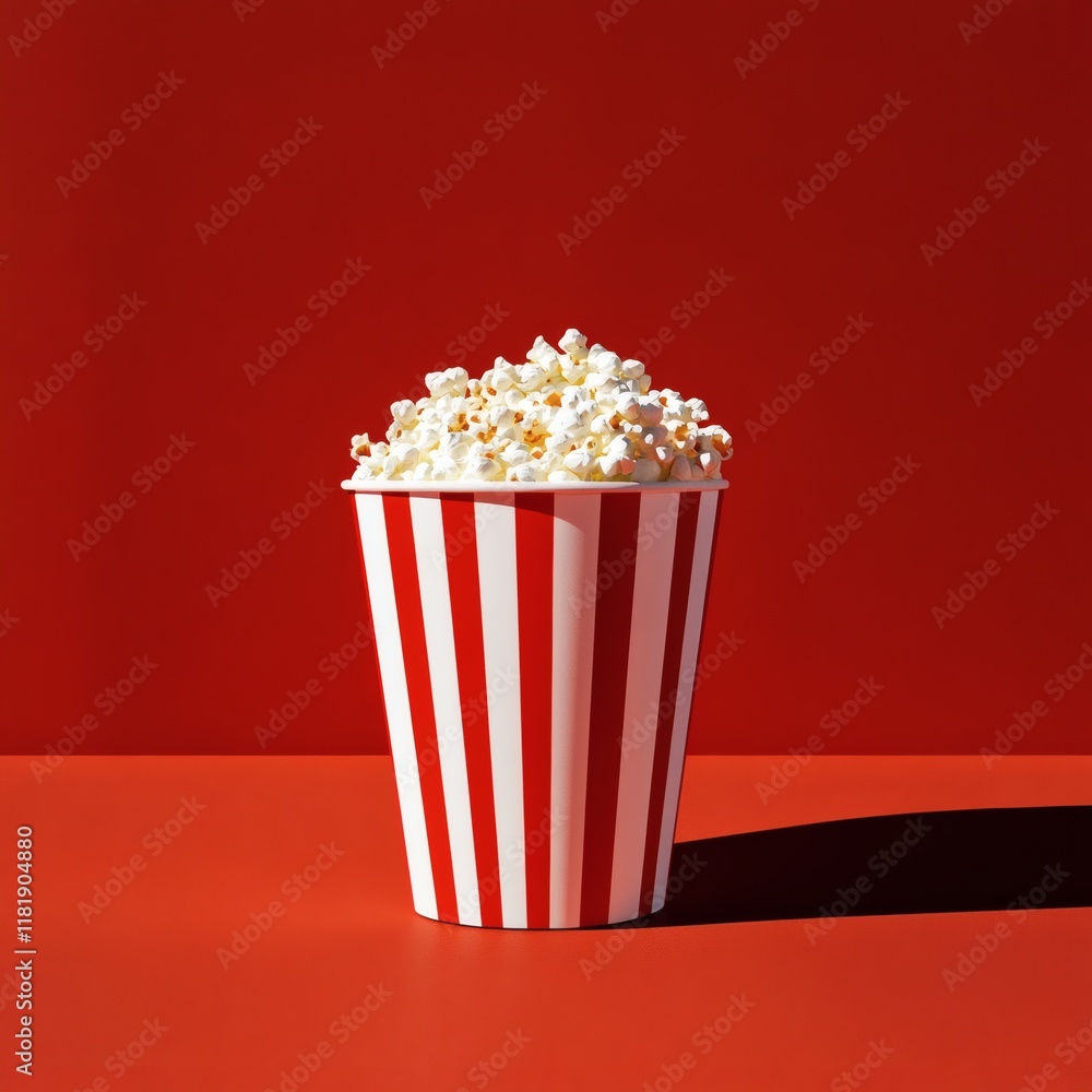 Popcorn box Red and white striped buckets of popcorn on red background Cinema and entertainment concept Popcorn box Red and white striped buckets of popcorn on red background Cinema and entertainment concept