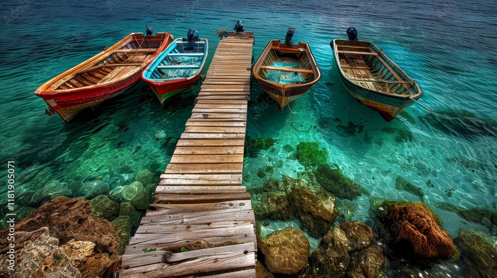 Obraz premium Romantic boats resting at the pier, embraced by the serene azure waters of the sea