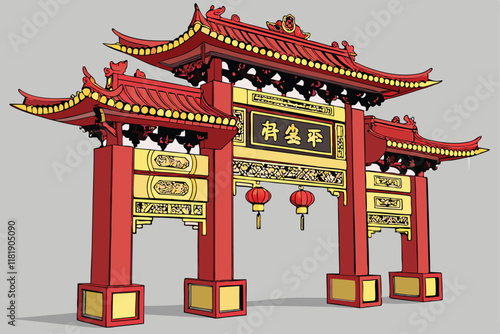 Chinese gate, ornate red and gold architecture, Lunar New Year decorations, traditional lanterns, intricate patterns, ox zodiac symbol, auspicious designs, festive entrance, grand archway, cultural ce