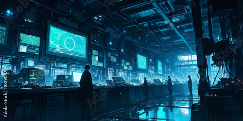 Anime sci-fi environment, a hidden research laboratory deep underground, glowing screens, advanced equipment, scientific experimentation. photo