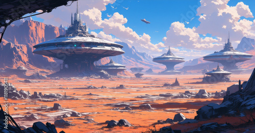 Anime sci-fi environment, a space colony on a distant planet with futuristic domes and habitats, human settlement in space, alien landscape photo