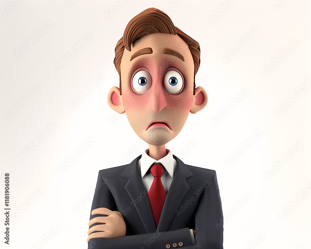Cartoon Businessman Illustration with Anxious Expression in Formal Suit - Ideal for Stress and Anxiety Concepts in the Workplace