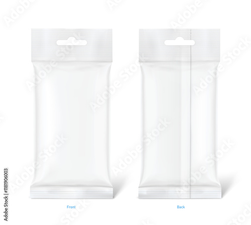Realistic white pillow bag with hang slot mockup. Vector illustration isolated on white background. Easily can with placed your product, to create a realistic presentation. EPS10.