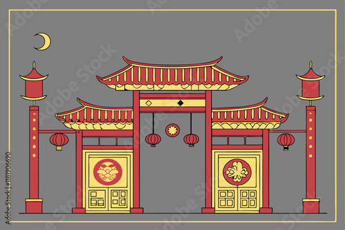 Chinese gate, ornate red and gold architecture, Lunar New Year decorations, traditional lanterns, intricate patterns, ox zodiac symbol, auspicious designs, festive entrance, grand archway, cultural ce