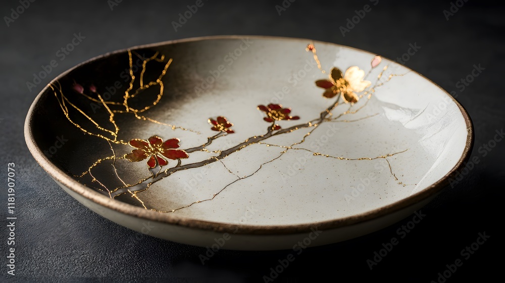 The Story of Resilience: An Ancient Kintsugi Plate Adorned with Flowers and Gold Repairs The Story of Resilience: An Ancient Kintsugi Plate Adorned with Flowers and Gold Repairs