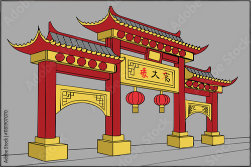 Chinese gate, ornate red and gold architecture, Lunar New Year decorations, traditional lanterns, intricate patterns, ox zodiac symbol, auspicious designs, festive entrance, grand archway, cultural ce