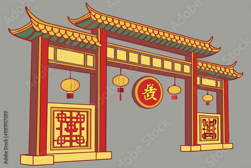 Chinese gate, ornate red and gold architecture, Lunar New Year decorations, traditional lanterns, intricate patterns, ox zodiac symbol, auspicious designs, festive entrance, grand archway, cultural ce