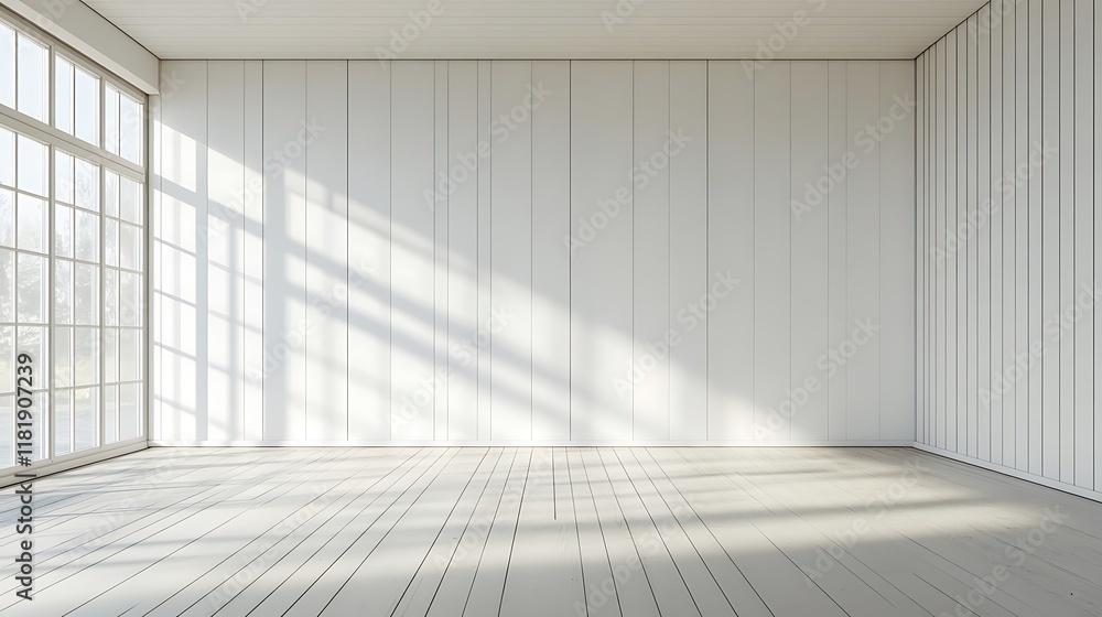 Bright sunlight streaming through large windows in minimalist interior design Bright sunlight streaming through large windows in minimalist interior design