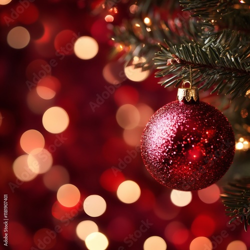 red background with sparkling bokeh lights creates a magical holiday glow