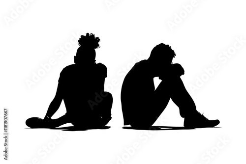 Silhouette of two seated individuals back-to-back, isolated on white background, conveying emotions of conflict or isolation. Concept of divorce, conflict and misunderstanding in family