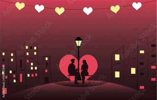 Love in the city at night under a Lamppost behind a love or heart shape background. Valentines day diverse young lovely couple vector illustration.