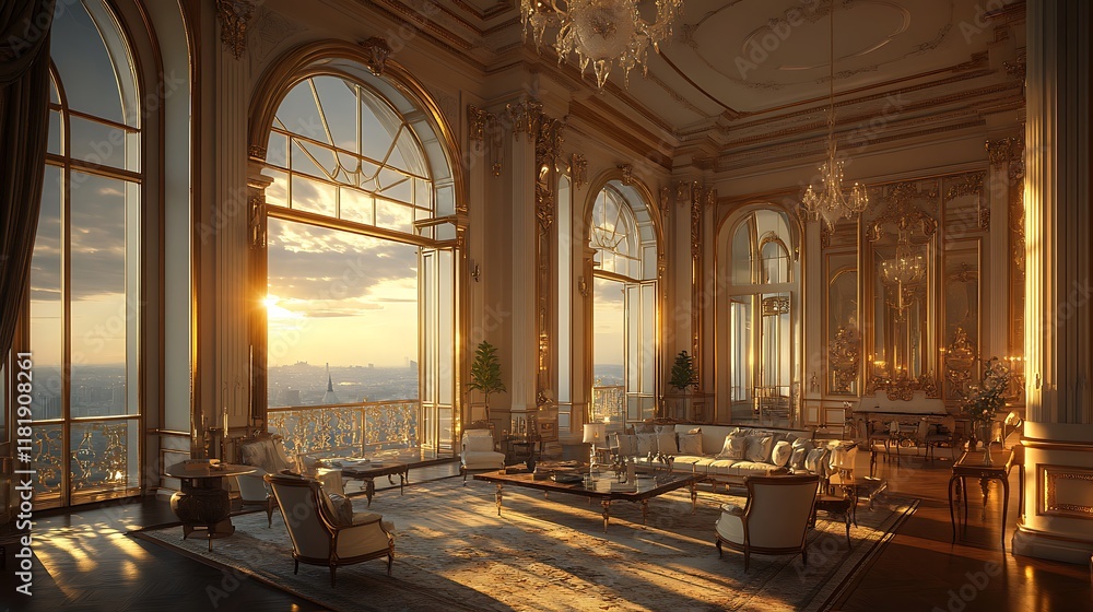 Fototapeta premium Elegant living room at sunset luxury apartment interior design city view