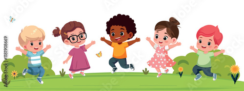 little kids play together with friends outoors  and feel happy