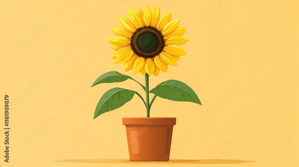 Obraz premium Single potted sunflower on yellow background.