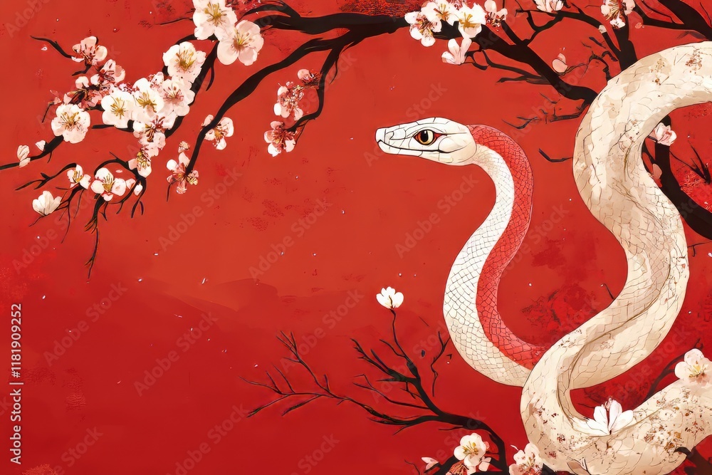 Obraz premium vector wallpaper background, Spring Festival theme, cartoon, cartoon snake, with red as the main color, light color, Spring Festival, Lunar New Year