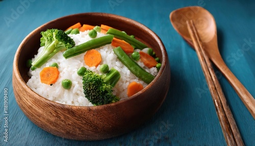 Aromatic Vegetable Rice Bowl with Carrots, Broccoli, and Green Beans in a Wooden Serving Dish photo