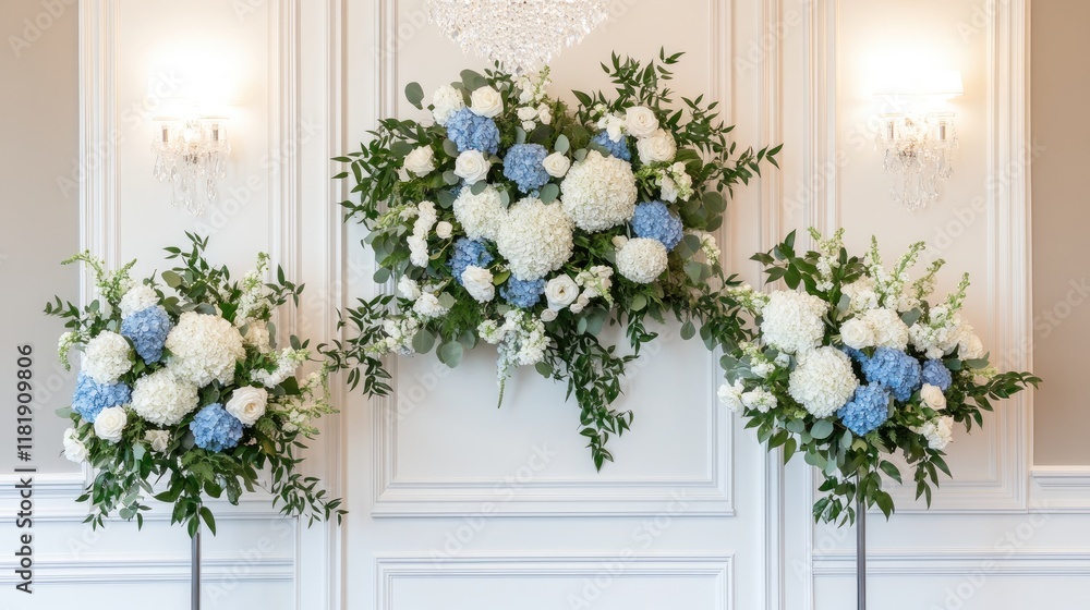 Fototapeta premium A stunning chandelier hangs above a beautiful floral wall adorned with blue and white flowers, perfect for a spring wedding ceremony
