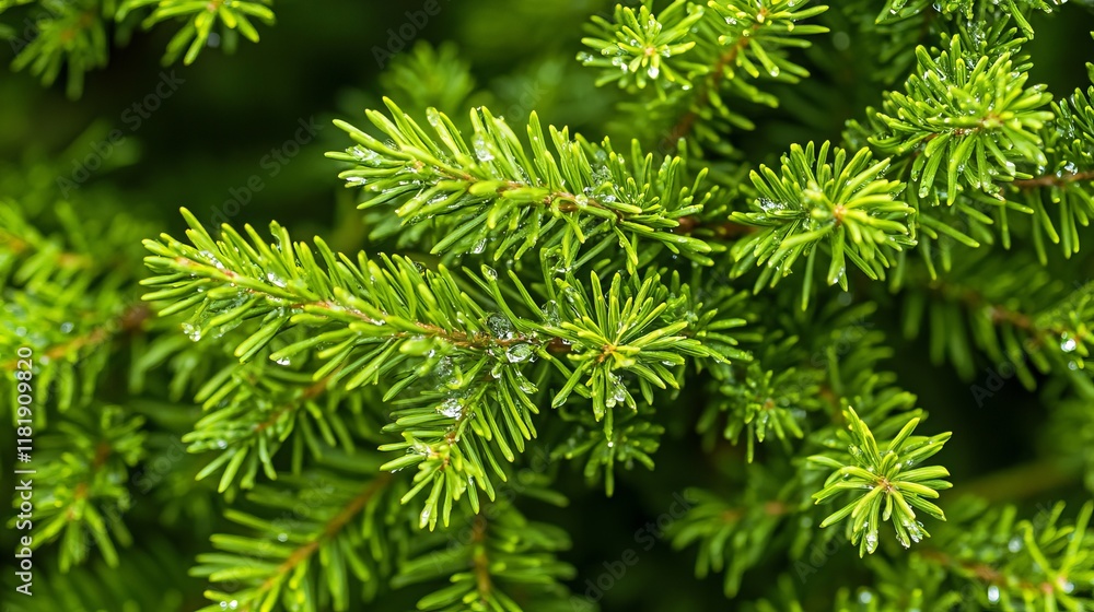 Closeup View of Dewy Pine Needles; Lush Evergreen Forest; Nature's Freshness; Vibrant Green Foliage; Detailed Macro Photography Closeup View of Dewy Pine Needles; Lush Evergreen Forest; Nature's Freshness; Vibrant Green Foliage; Detailed Macro Photography