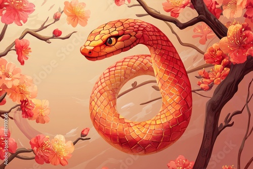 vector wallpaper background, Spring Festival theme, cartoon, cartoon snake, with red as the main color, light color, Spring Festival, Lunar New Year