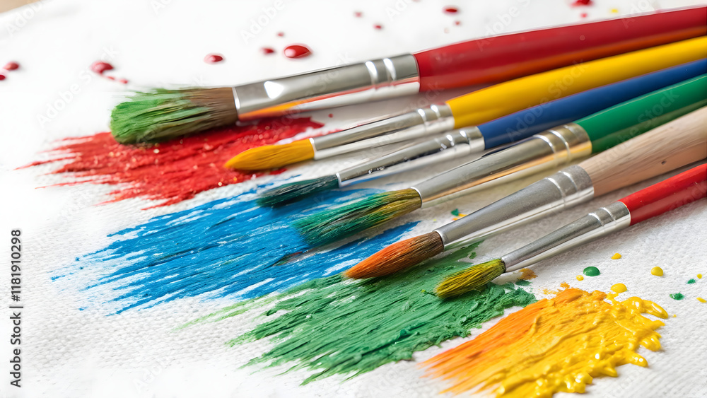 Obraz premium A vibrant collection of paint brushes, each with a different color handle, arranged artistically on a white canvas