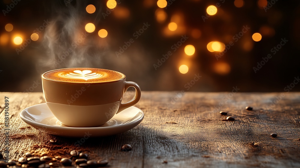 Obraz premium Steaming latte art in a cup on wooden table.