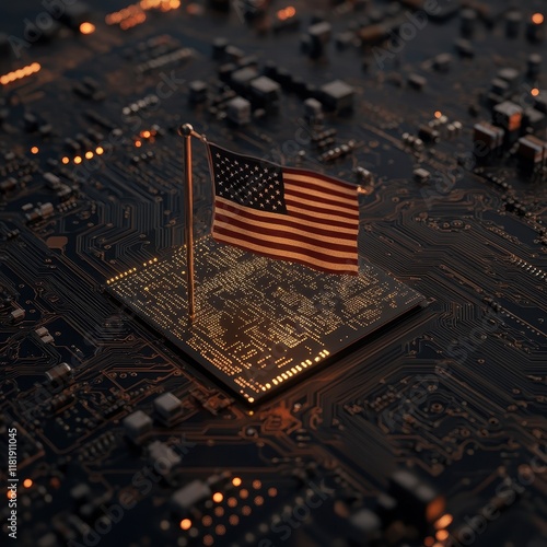 American Flag on Circuit Board Technology Background photo