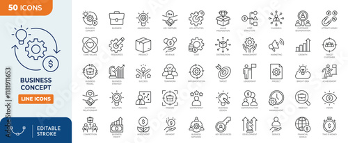 Business concept line editable icon set. Containing services, products, revenue, distribution, core value, cost, management icon. Vector illustration