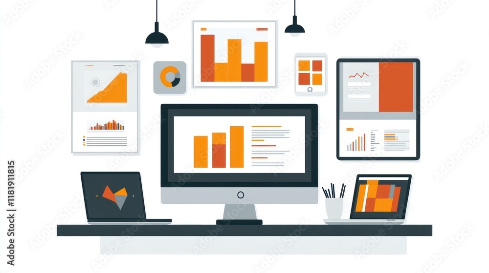 Data analysis workspace with charts & graphs on computer, laptop & tablet. Data analysis workspace with charts & graphs on computer, laptop & tablet.