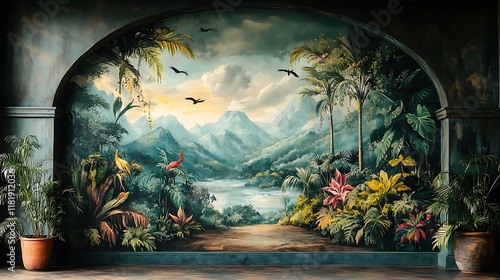 Fototapeta Naklejka Na Ścianę i Meble -  Tropical Landscape Mural with Lush Greenery and Birds