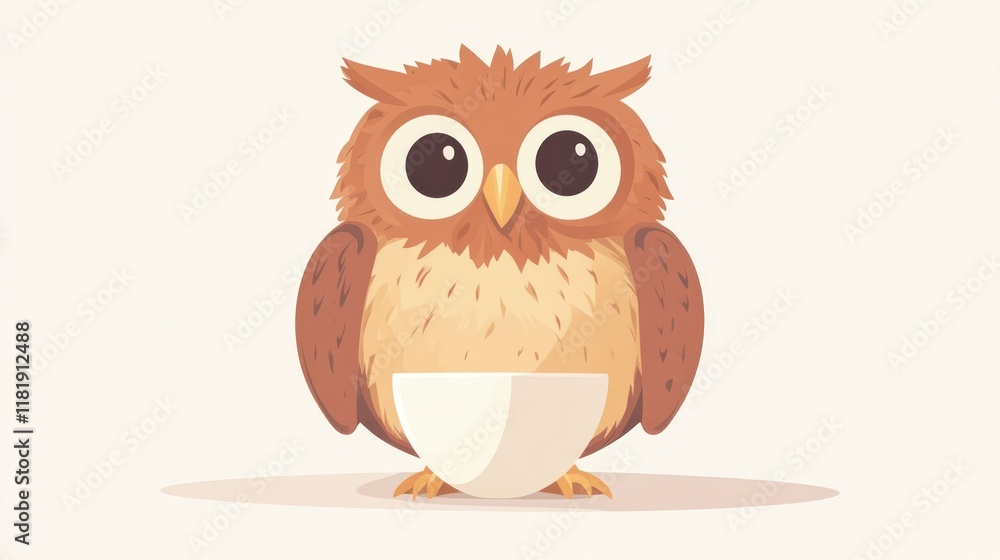 Fototapeta premium Cute cartoon owl holding a small bowl.