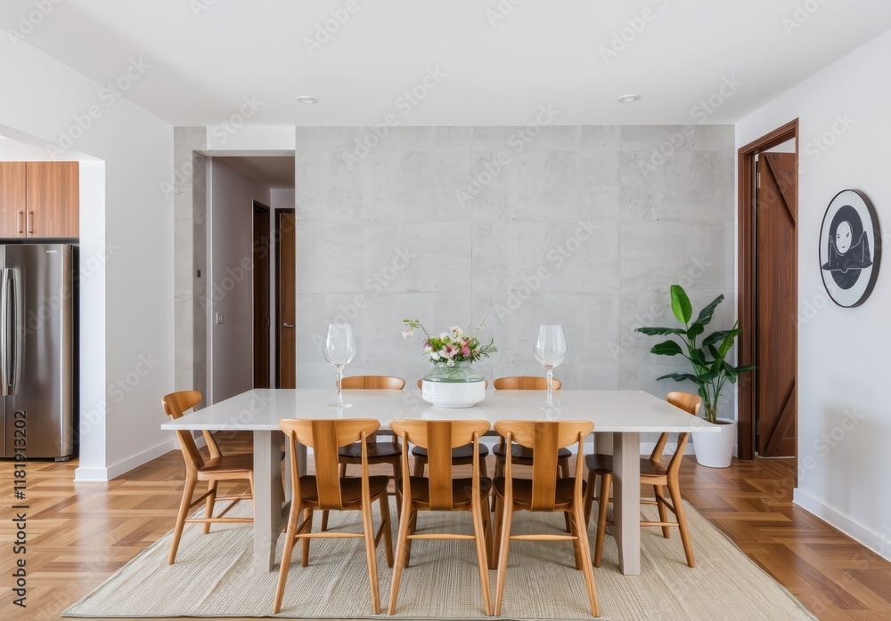Fototapeta premium interior of modern dining room, dining table and wooden chairs in room with concrete wall. Home design