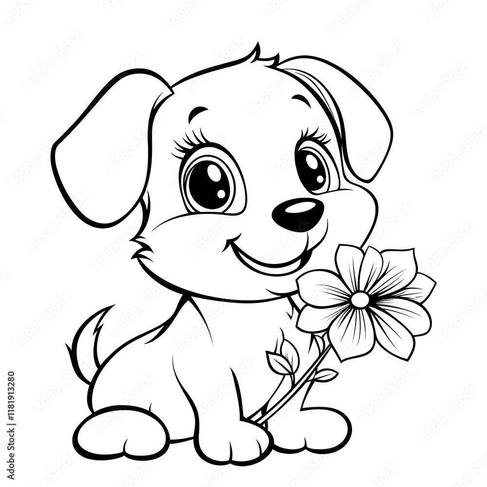Obraz premium Adorable Cartoon Puppy with Flower Coloring Page