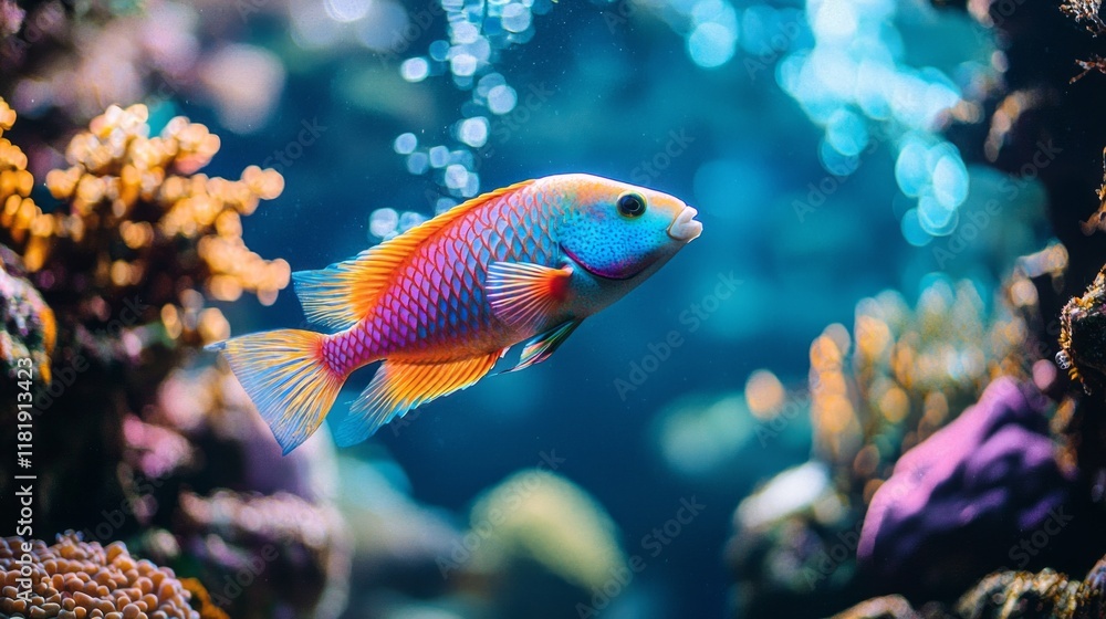 Fototapeta premium In the warm embrace of tropical waters, a lively parrotfish delicately nibbles on coral, showcasing its brilliant colors amidst the vibrant underwater landscape