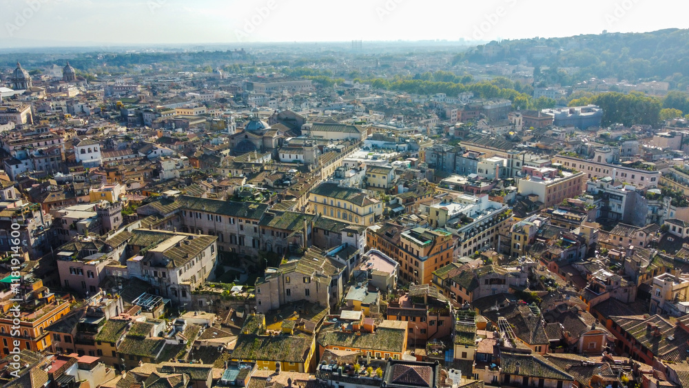 Obraz premium Vista aérea da cidade de Roma, Itália, evidenciando a arquitetura clássica e monumentos emblemáticos que compõem o patrimônio histórico e cultural da capital italiana