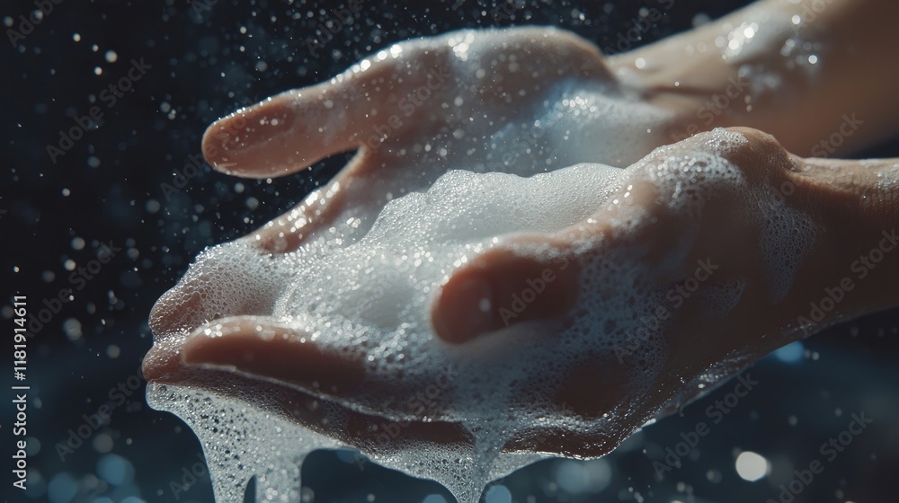 Fototapeta premium Foamy soap covering hands under soft light, symbolizing cleanliness and hygiene. Generative by AI.