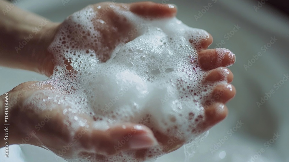 Fototapeta premium Foamy soap covering hands under soft light, symbolizing cleanliness and hygiene. Generative by AI.