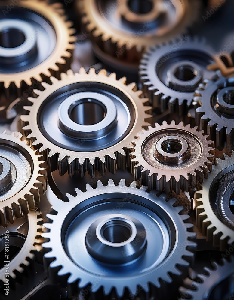 Close-up of interlocking metal gears representing teamwork and precision Close-up of interlocking metal gears representing teamwork and precision