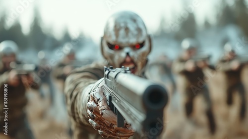 A robotic figure brandishing a firearm, poised in a snow-dusted environment, evoking themes of confrontation and the ethical dilemmas of technology versus humanity. photo