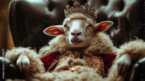 A sheep adorned with a magnificent crown and luxurious robe lounges on an opulent chair, epitomizing the theme of whimsical royalty in a charming setting. photo