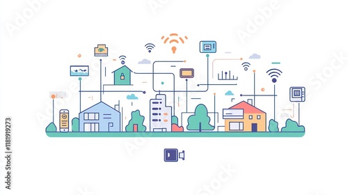 Smart city concept illustration showing interconnected buildings, homes, and devices via internet of things (IoT).