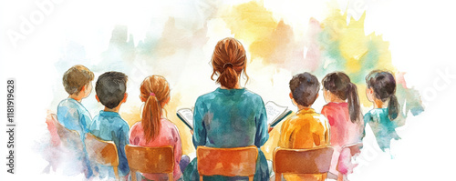 female teacher conducts reading circle with children, fostering engagement and learning. colorful watercolor style captures warmth of classroom environment