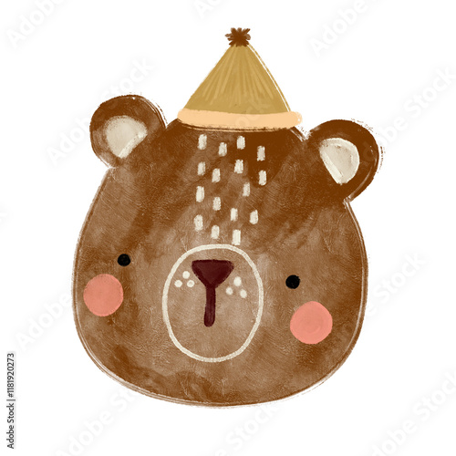 Cute baby bear wearing brown birthday party hat crayon watercolor scandinavian jungle forest animals illustration png transparent nursery cutout clipart digital planner sticker photo