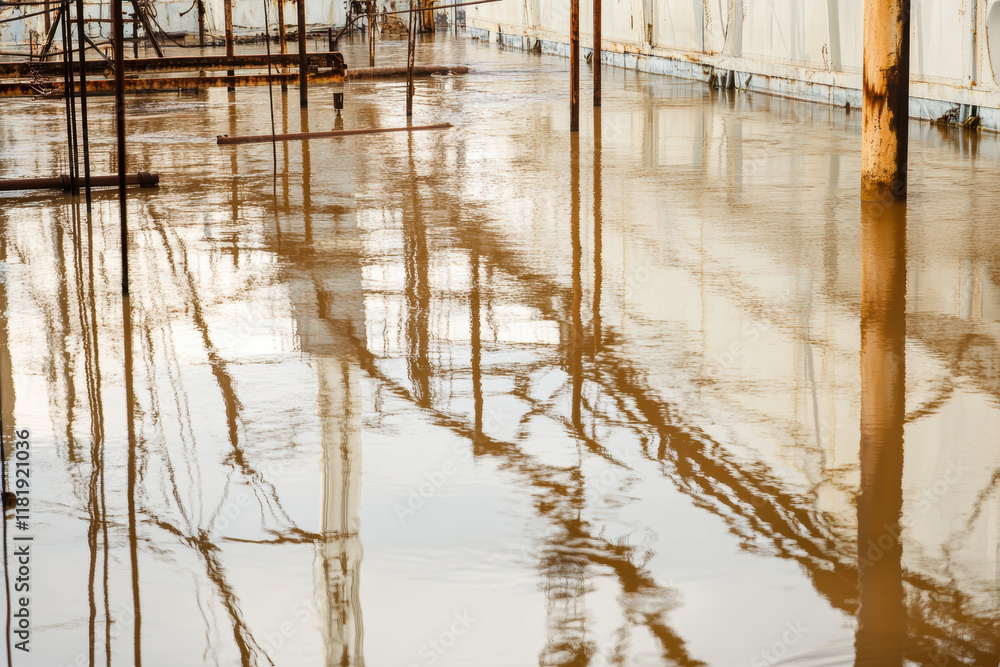 Fototapeta premium Flooded industrial area with reflected structures in brown water