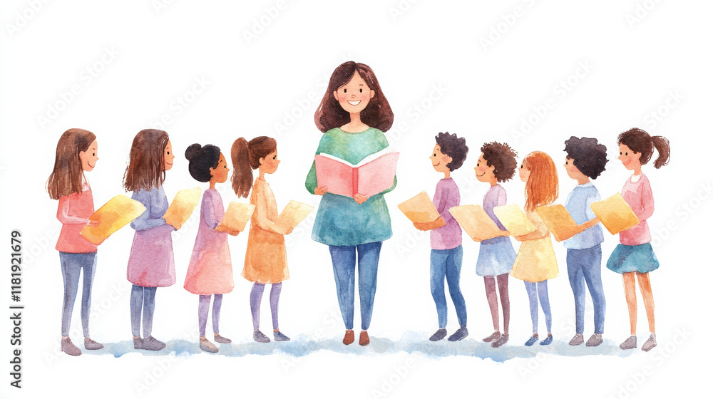 Fototapeta premium female teacher smiles while reading to her students, who are lined up holding books. scene captures joyful learning moment in classroom setting
