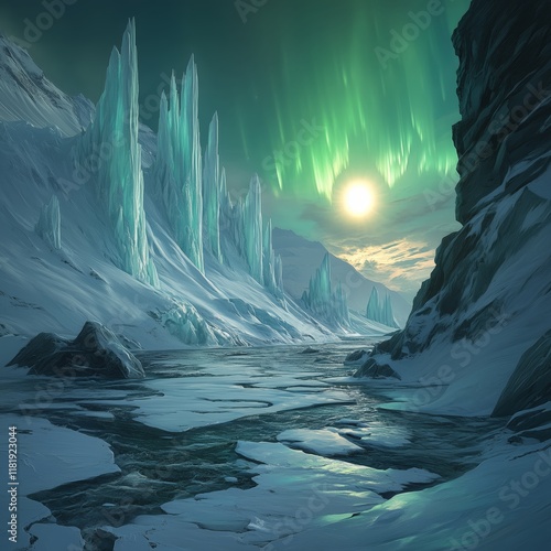 Fantasy Frozen Realm with Enormous Ice Towers and Starry Sky - made with Generative AI photo